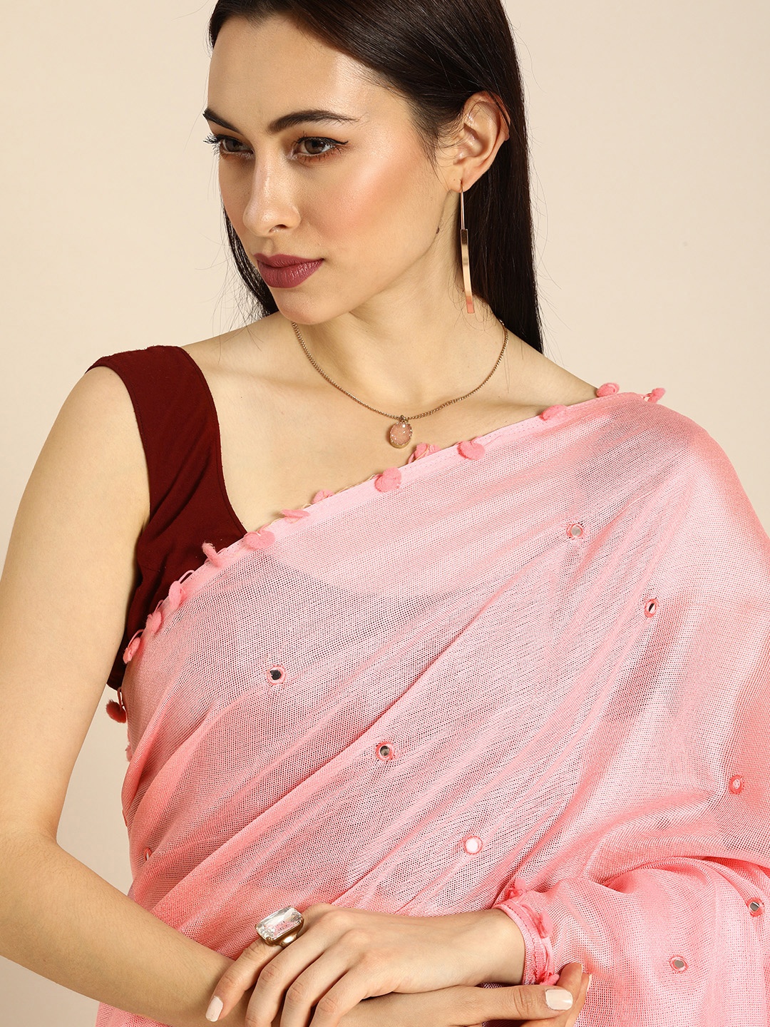 

Anouk Pink Jute Silk Solid Bhagalpuri Saree