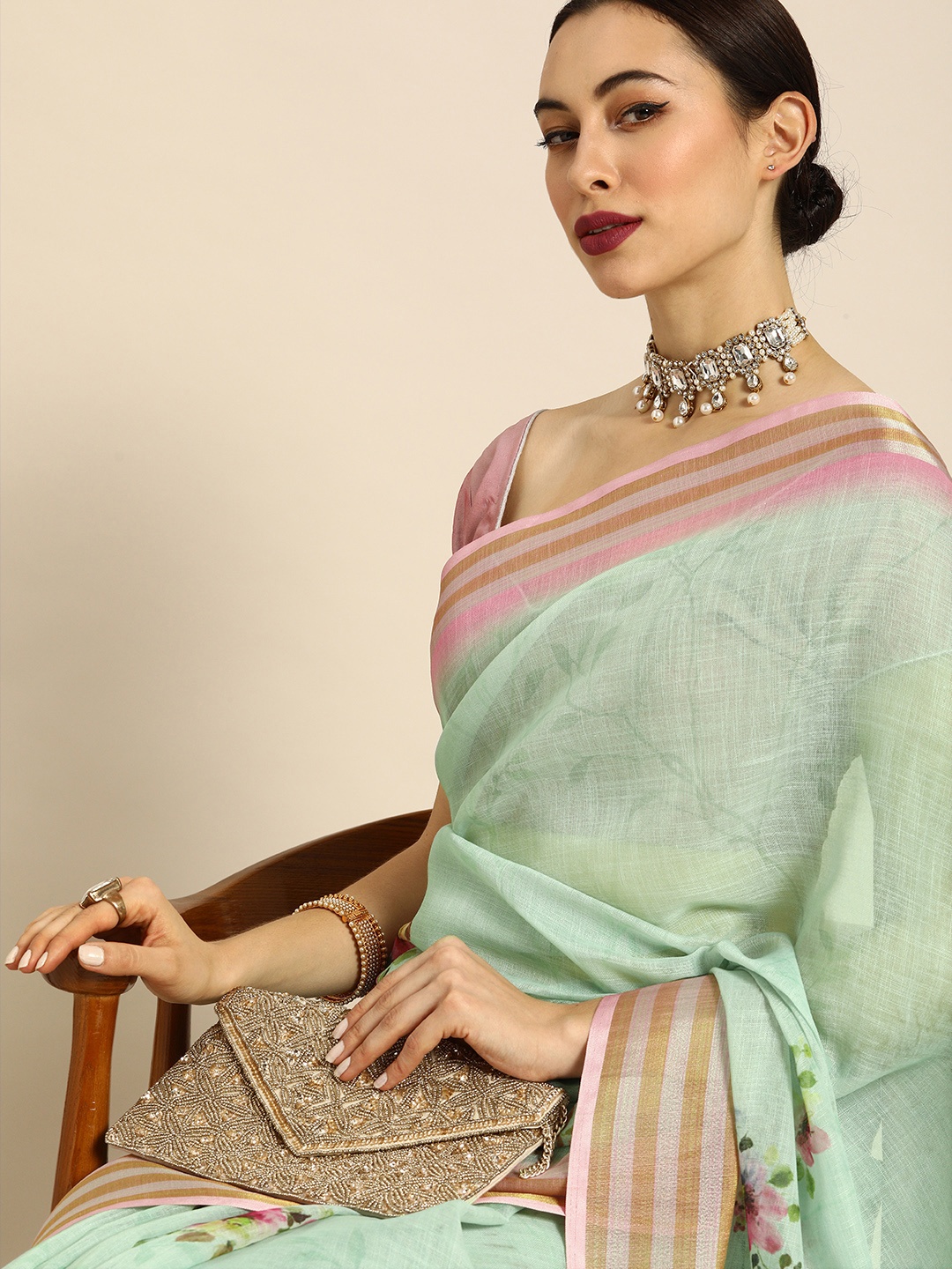 

Anouk Lime Green & Purple Printed Bhagalpuri Saree