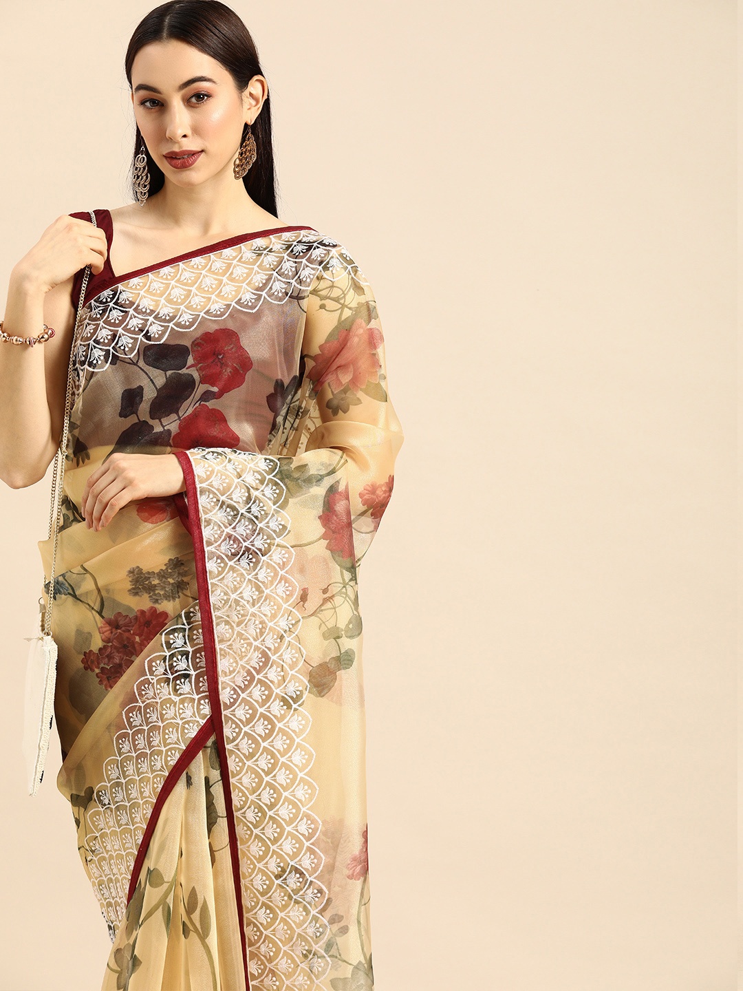

Anouk Beige & Maroon Organza Printed Mysore Silk Saree
