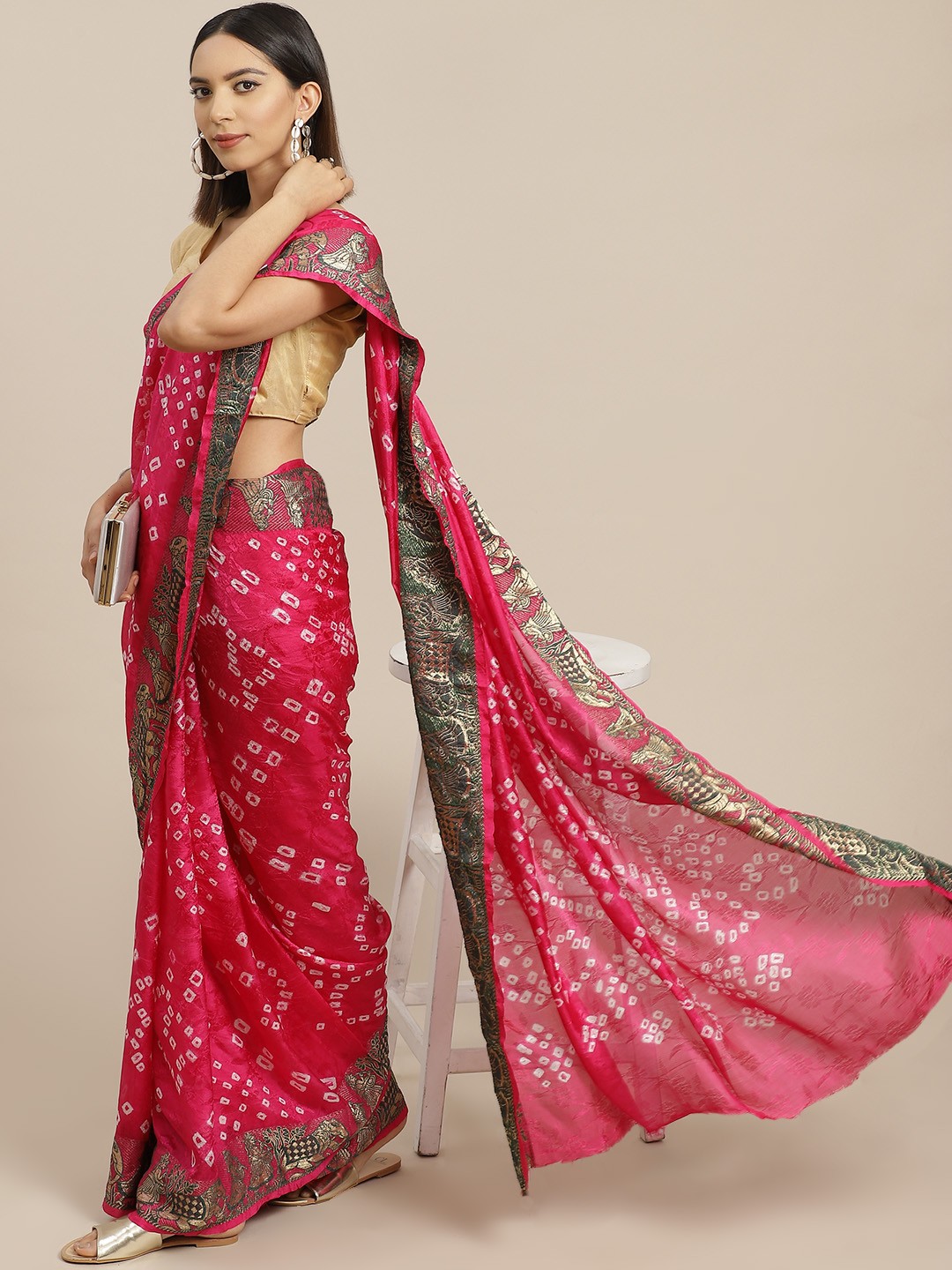 

Anouk Pink & White Bandhani Print Art Silk Saree