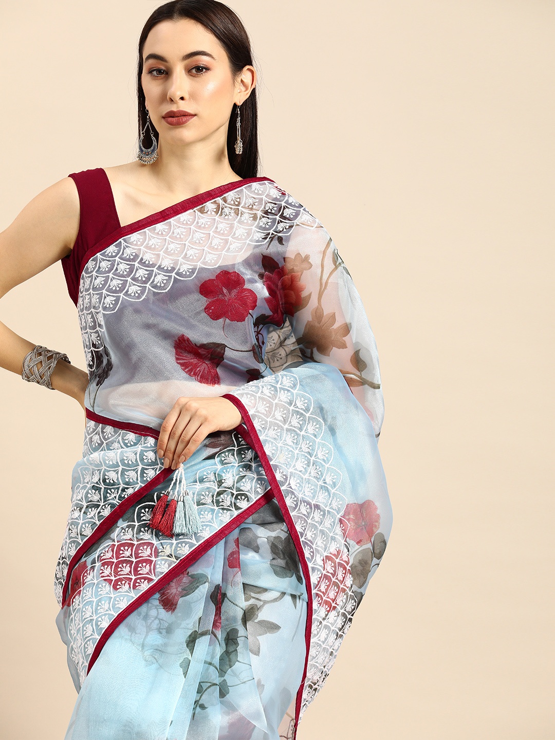 

Anouk Blue & Maroon Organza Printed Mysore Silk Saree