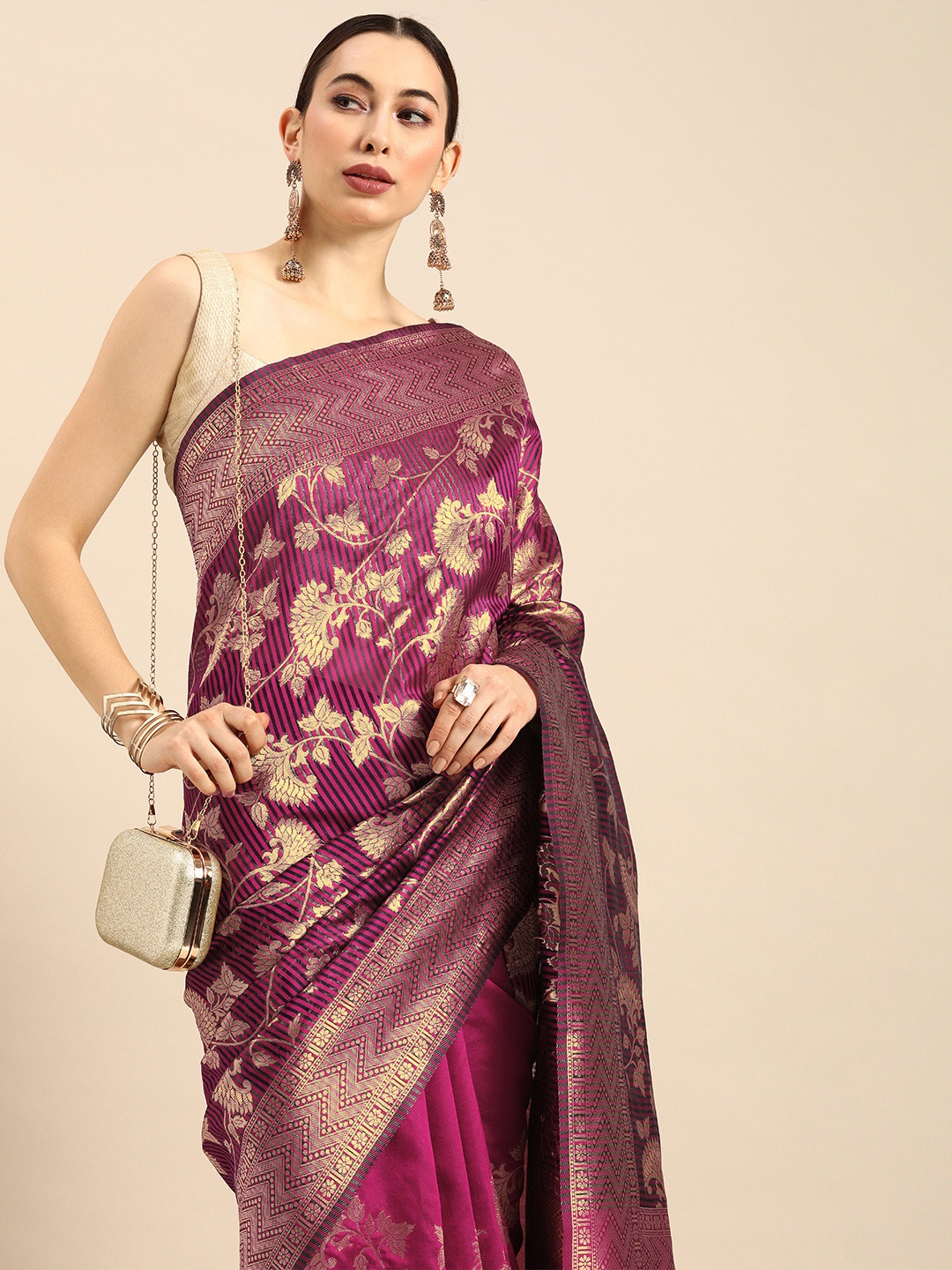 

Anouk Burgundy & Gold-Toned Striped Banarasi Saree