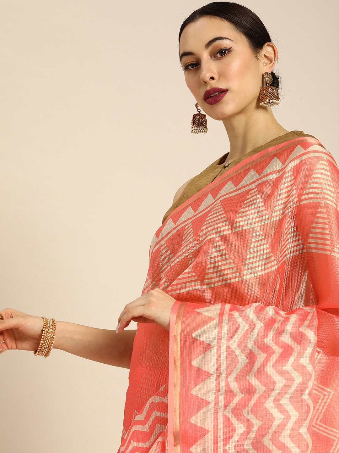 

Anouk Peach-Coloured & Off-White Blend Printed Kota Saree