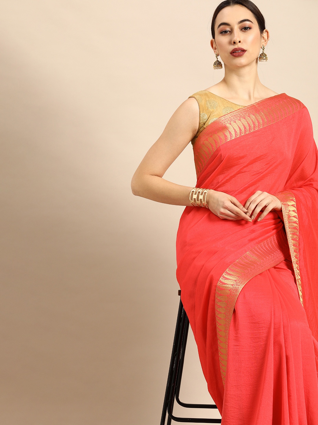 

Anouk Peach-Coloured Cotton Blend Solid Banarasi Saree