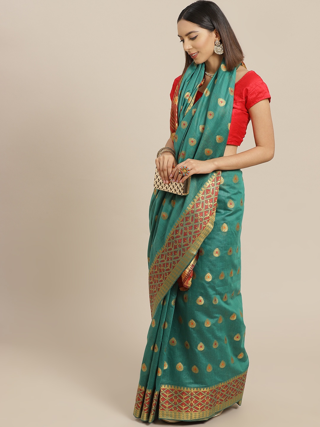 

Anouk Green & Golden Ethnic Motifs Silk Blend Banarasi Saree