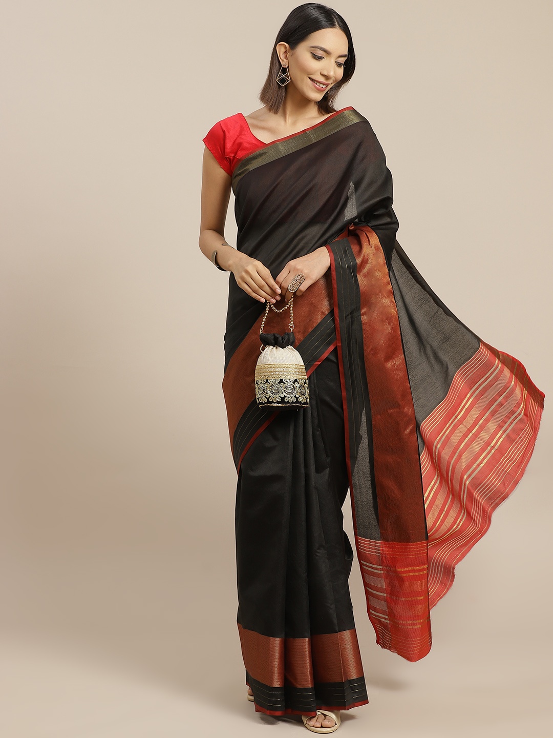 

Anouk Black & Maroon Solid Silk Blend Banarasi Saree