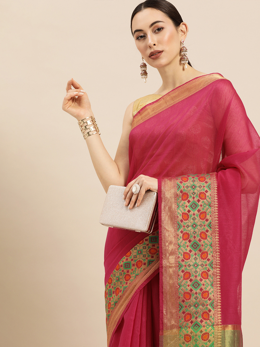 

Anouk Pink & Golden Silk Blend Solid Banarasi Saree