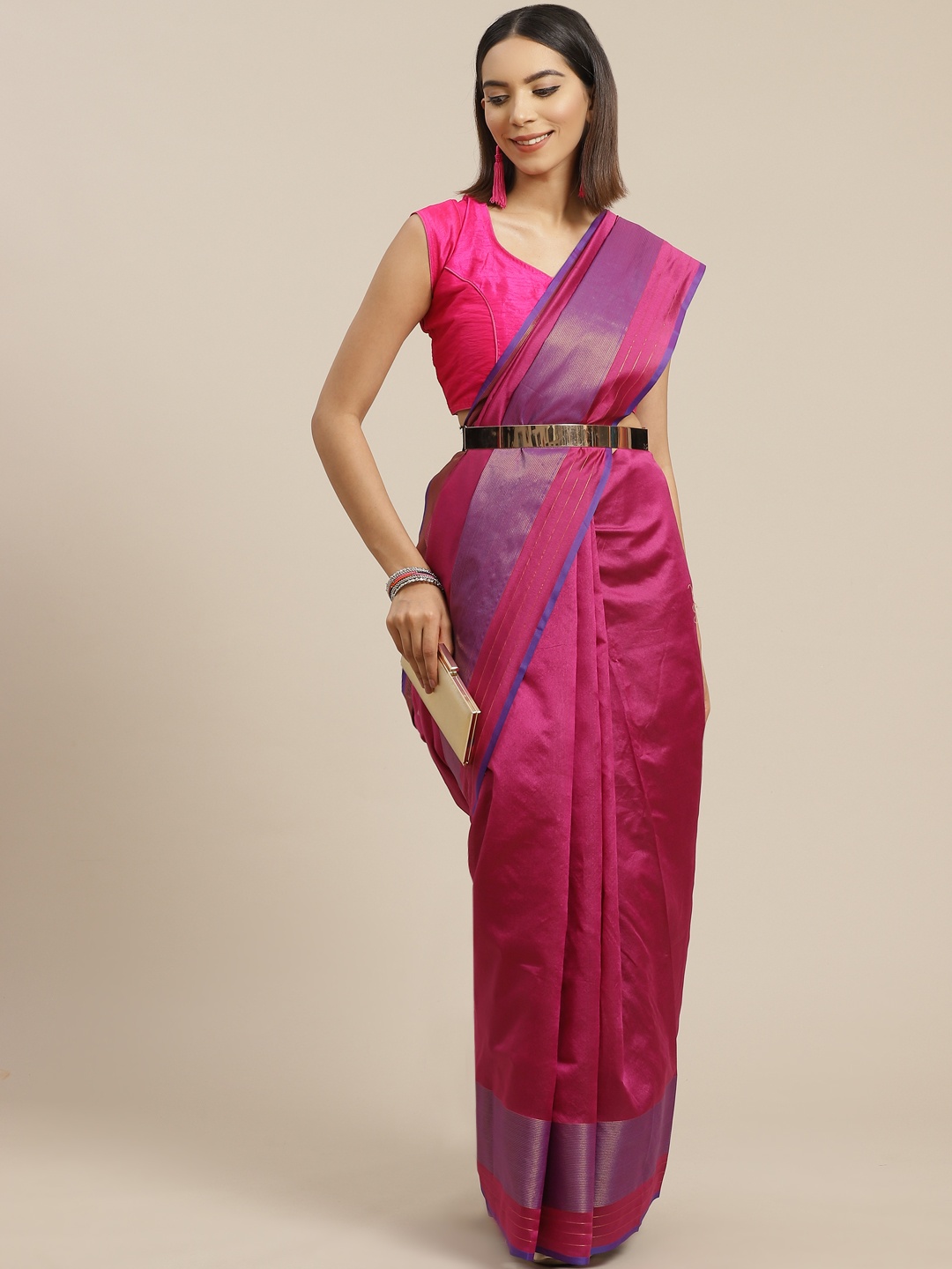 

Anouk Magenta & Navy Blue Solid Silk Blend Banarasi Saree