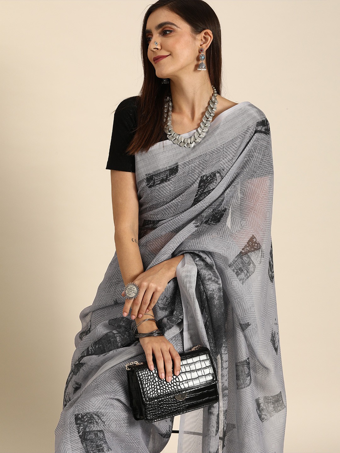 

Anouk Grey & Black Linen Blend Printed Saree