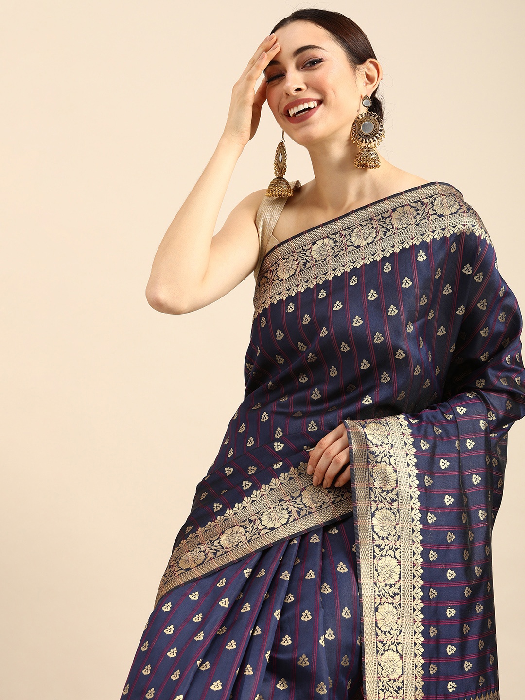 

Anouk Navy Blue & Gold-Toned Art Silk Woven Design Banarasi Saree