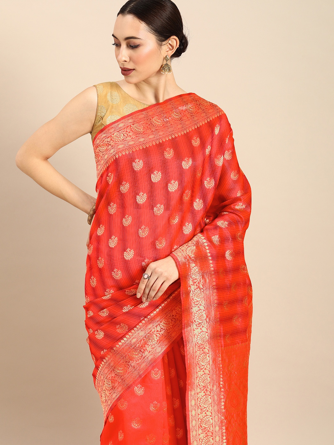 

Anouk Orange & Gold-Toned Printed Banarasi Saree