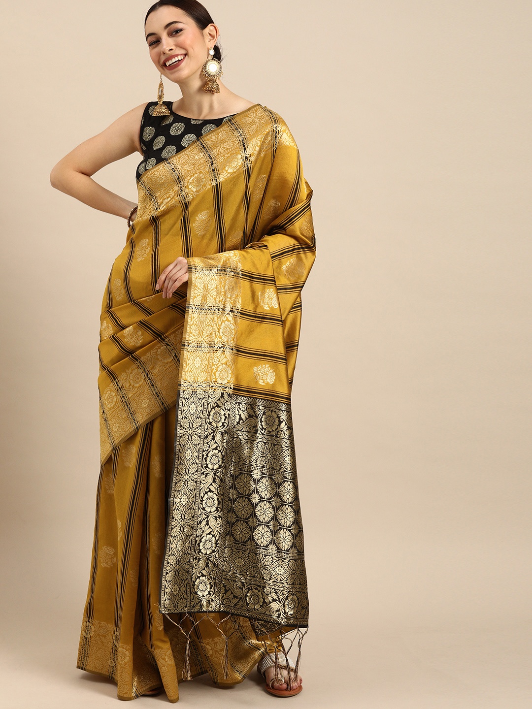 

Anouk Mustard Yellow & Black Art Silk Woven Design Banarasi Saree