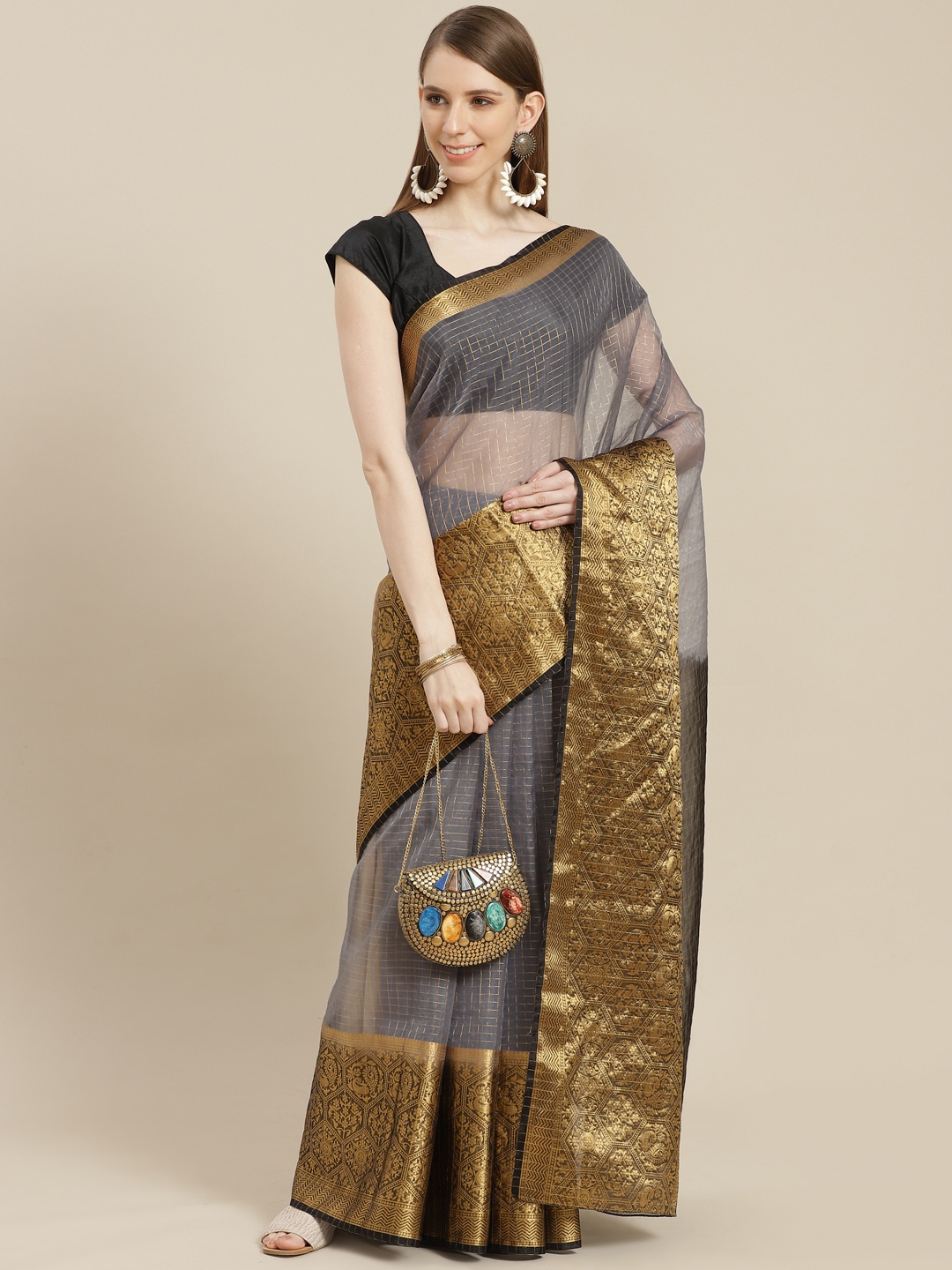 

Anouk Grey & Golden Checked Organza Mysore Silk Saree