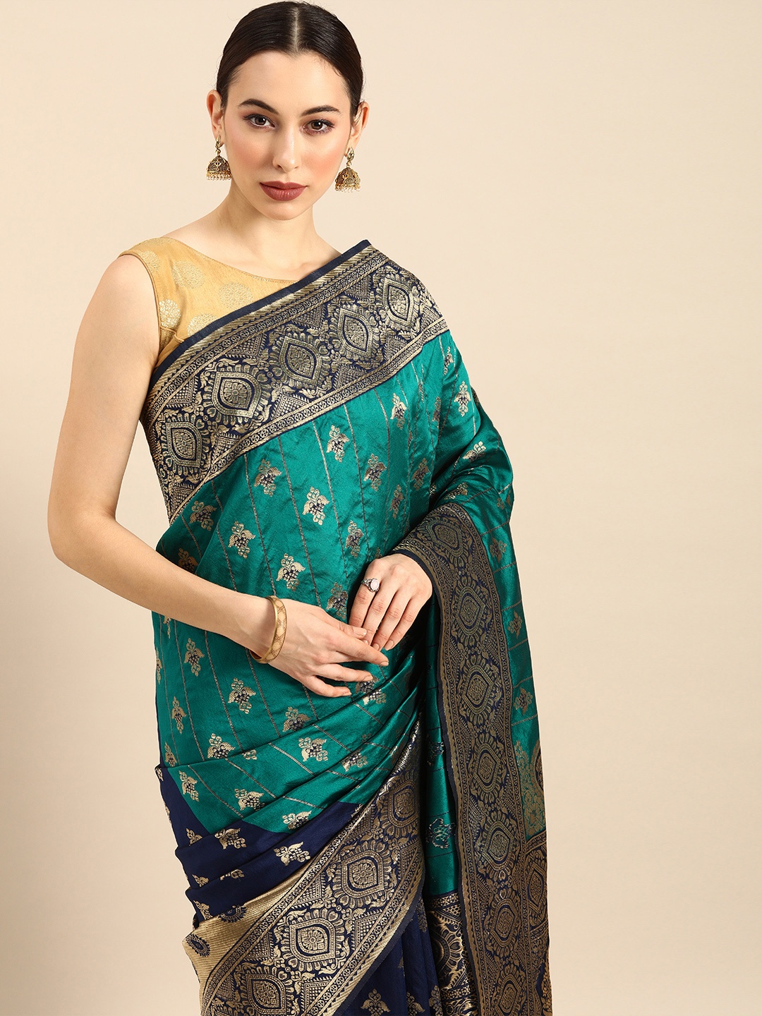 

Anouk Teal Green & Navy Blue Printed Banarasi Saree