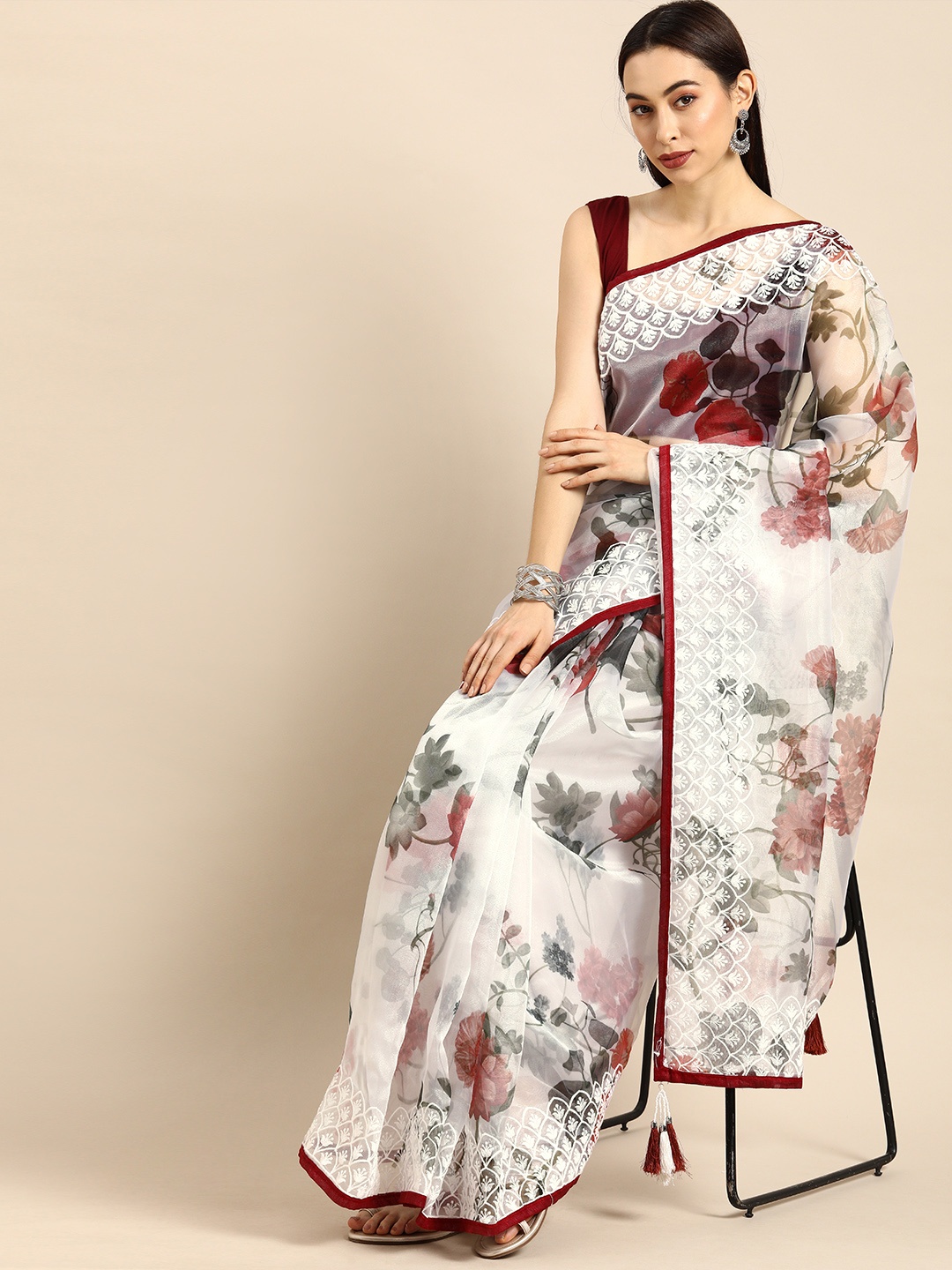 

Anouk White & Maroon Organza Printed Mysore Silk Saree