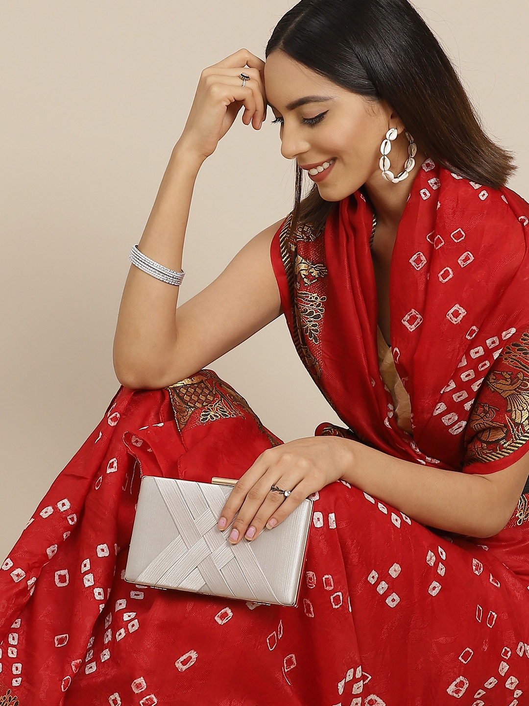 

Anouk Maroon & White Bandhani Art Silk Bandhani Saree