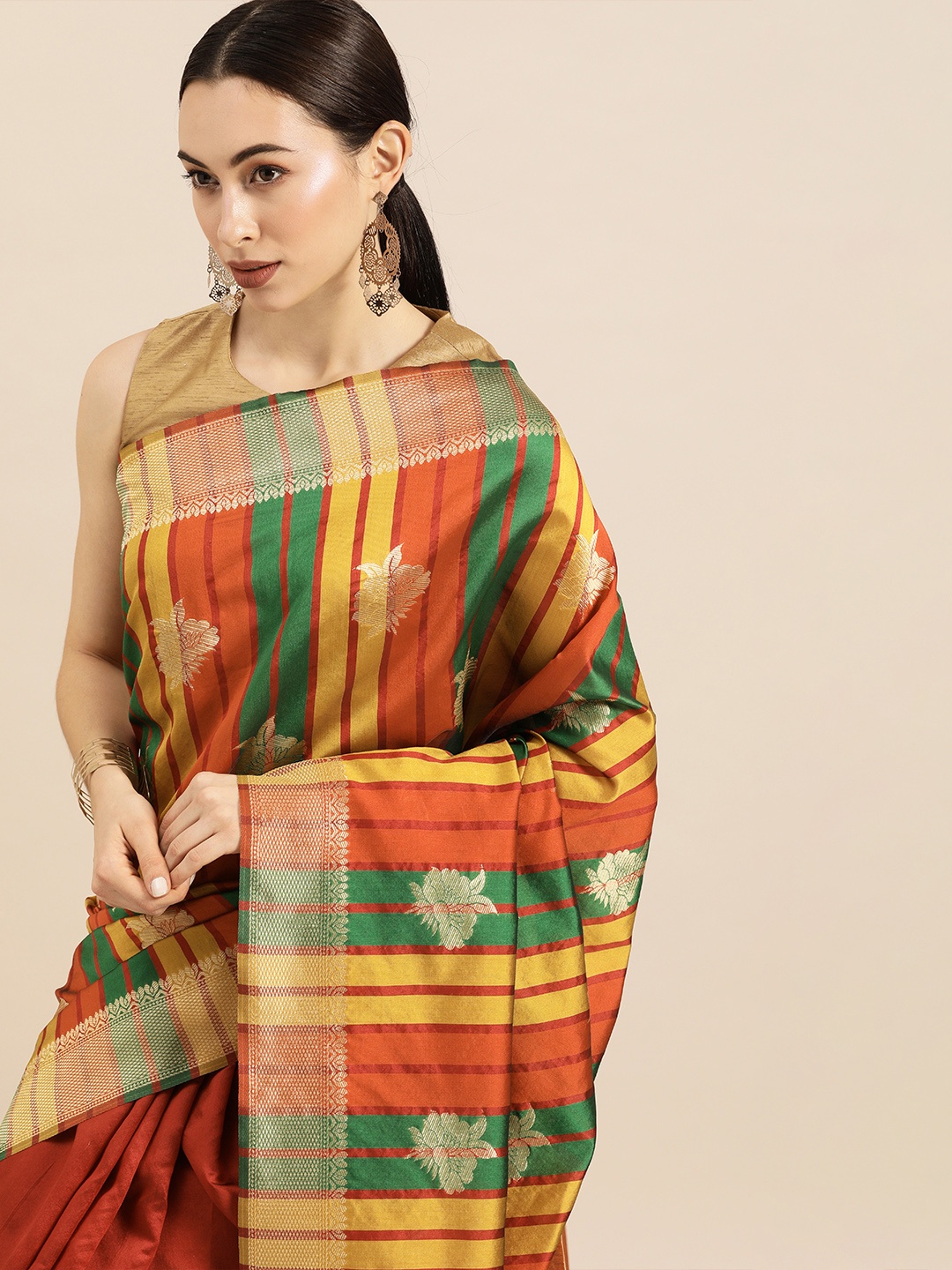 

Anouk Red & Rust Orange Art Silk Striped Banarasi Half and Half Saree