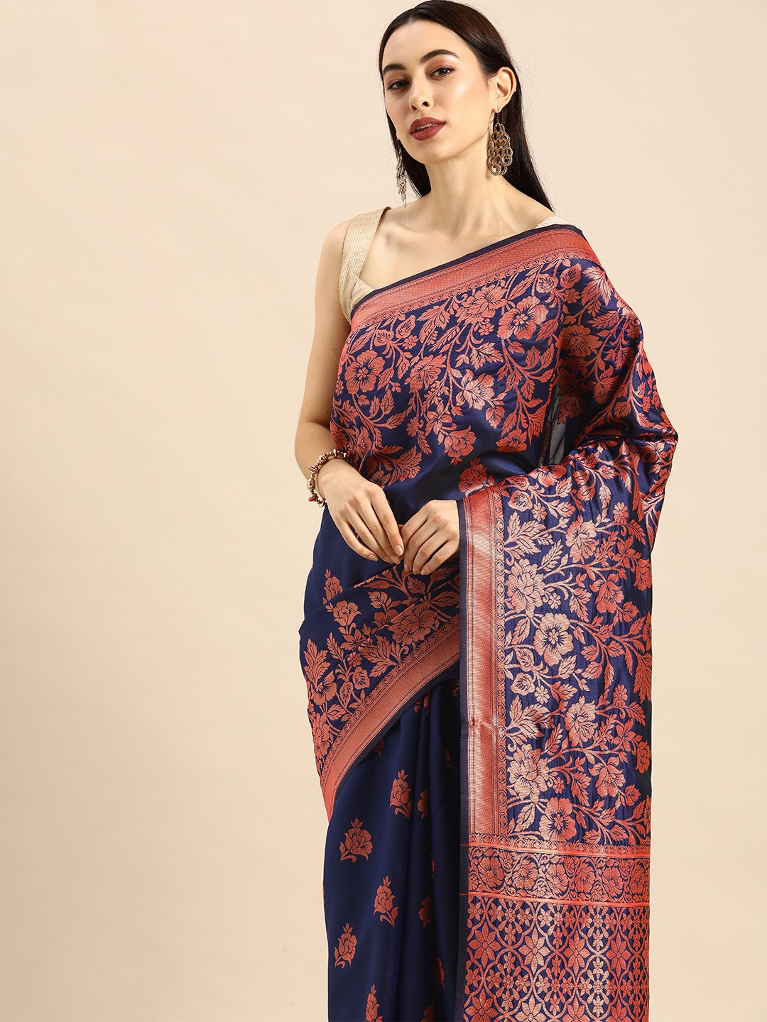 

Anouk Navy Blue & Red Art Silk Woven Design Banarasi Saree