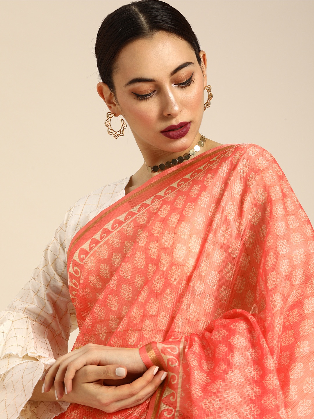 

Anouk Peach-Coloured Cotton Blend Printed Kota Saree