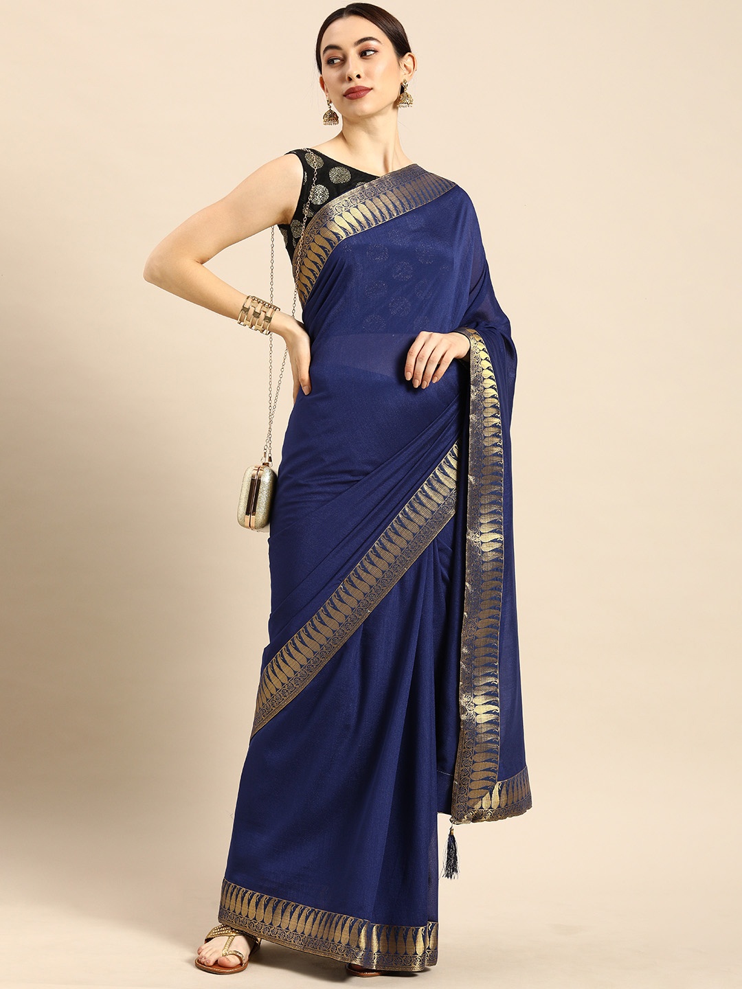 

Anouk Navy Blue Cotton Blend Solid Banarasi Saree