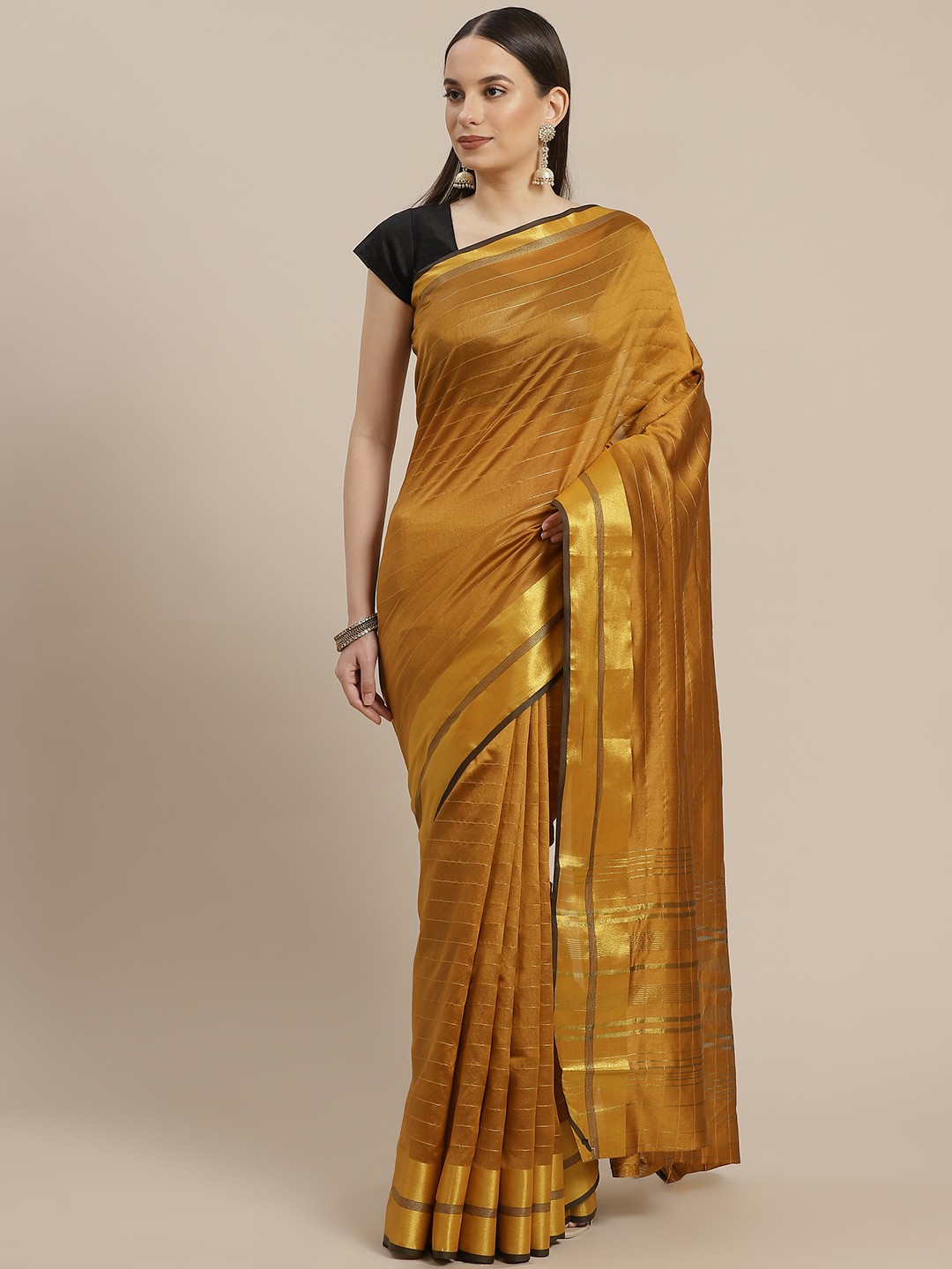 

Anouk Women Mustard Brown & Golden Striped Banarasi Saree
