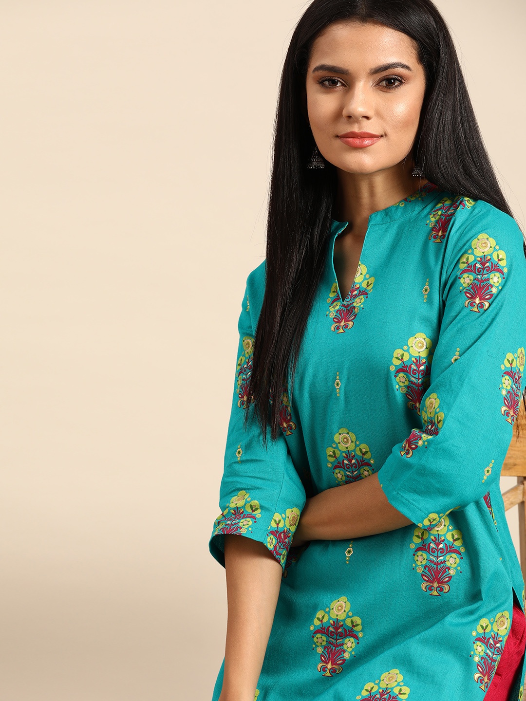 

Anouk Women Turquoise Blue & Mustard Yellow Pure Cotton Ethnic Motifs Printed Kurta