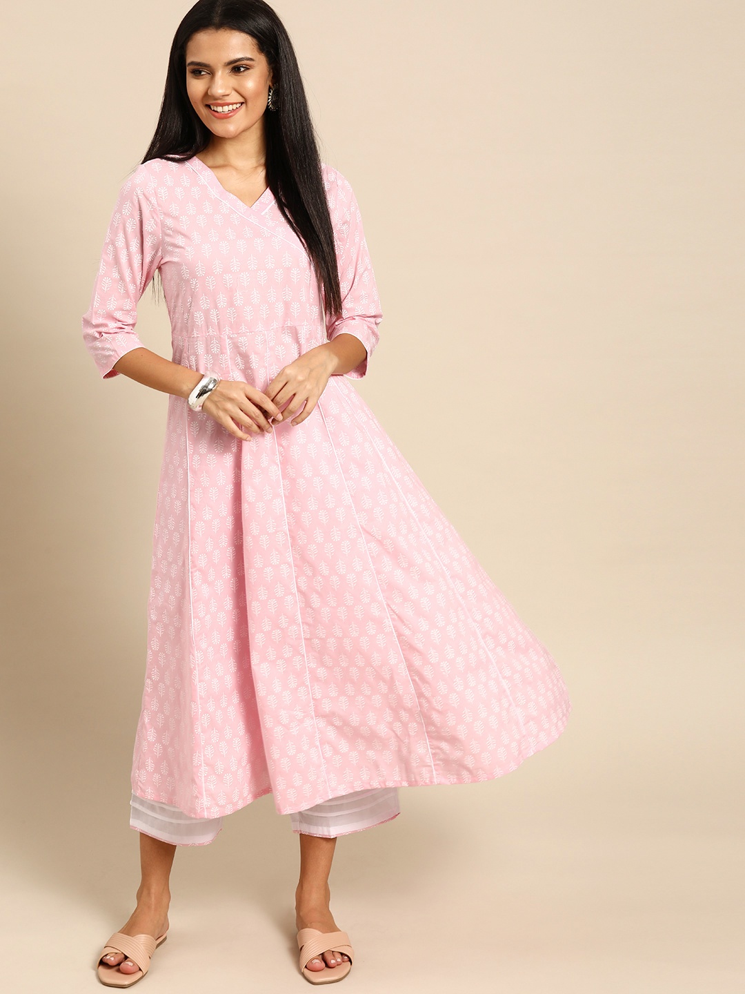 

Anouk Women Pink & White Ethnic Print Pure Cotton Kurta with Palazzos
