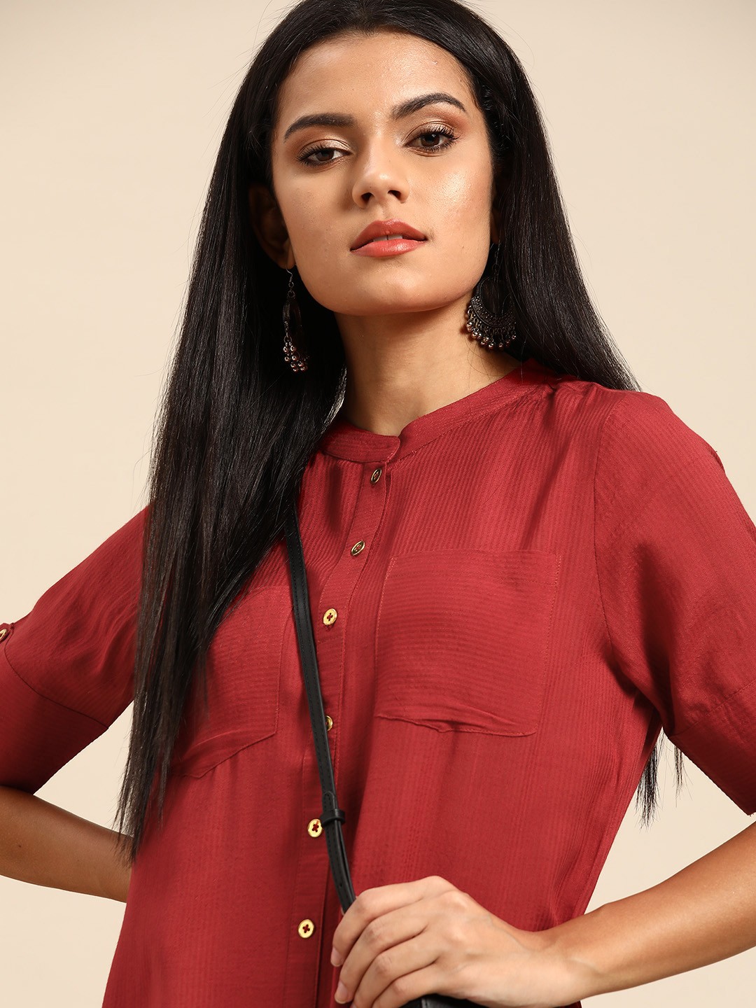 

Anouk Women Maroon Self Striped Band Collar Straight Kurta