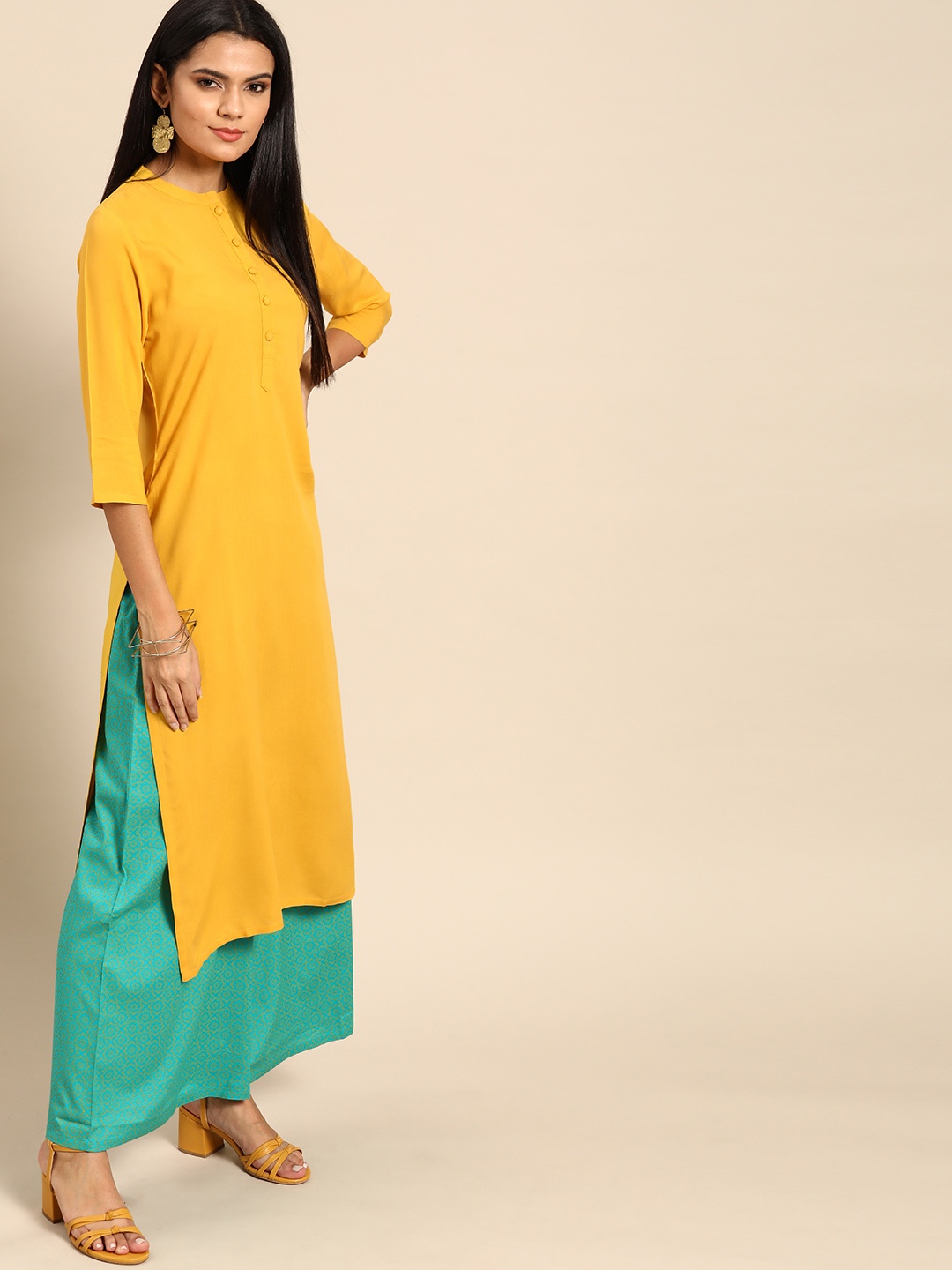 

Anouk Women Mustard Yellow & Green Solid Kurta with Palazzos