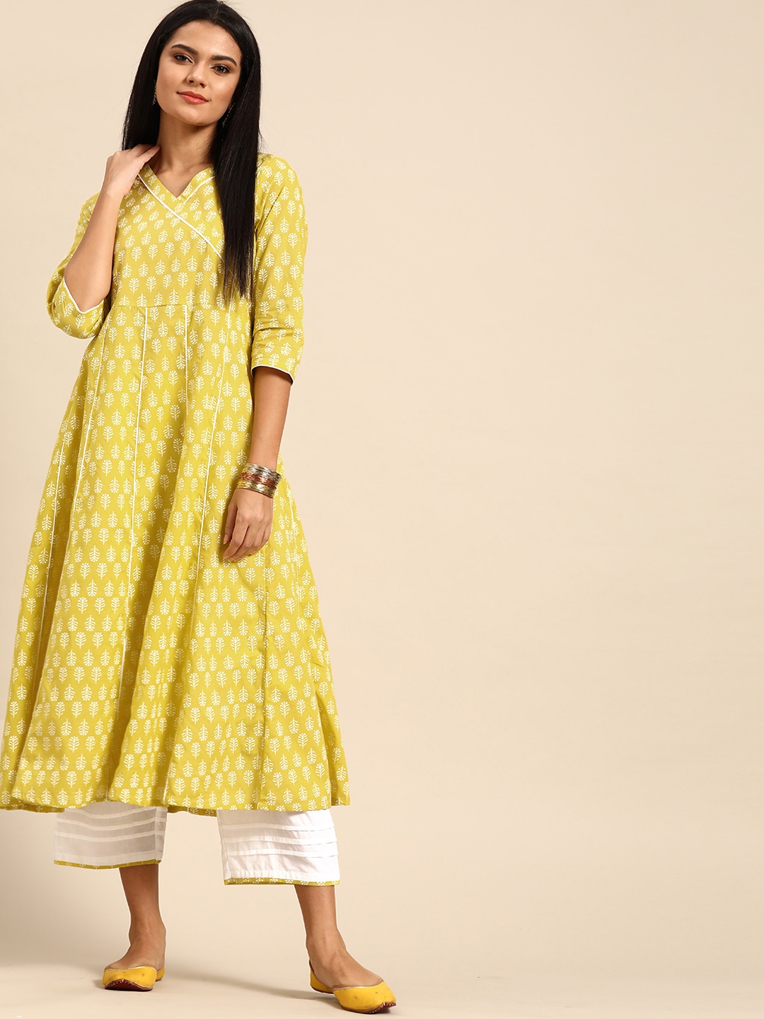 

Anouk Women Lime Green & White Printed Pure Cotton Angrakha Kurta with Palazzos