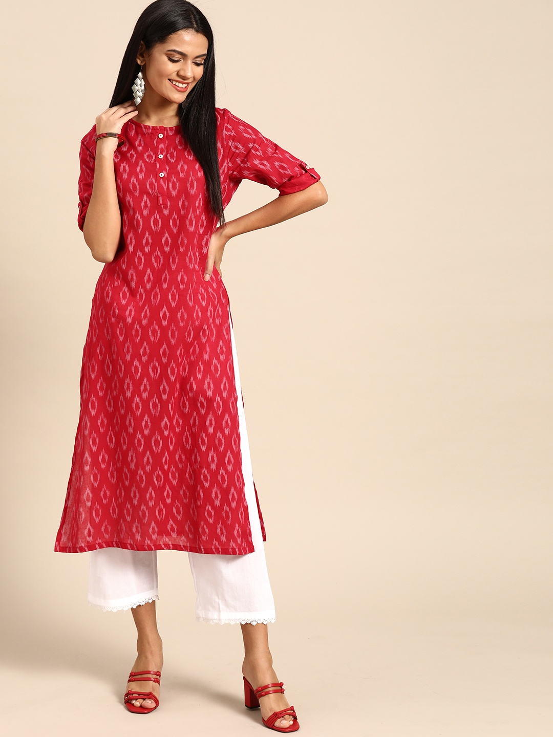 

Anouk Women Red & White Ikat Printed Kurta with Trousers