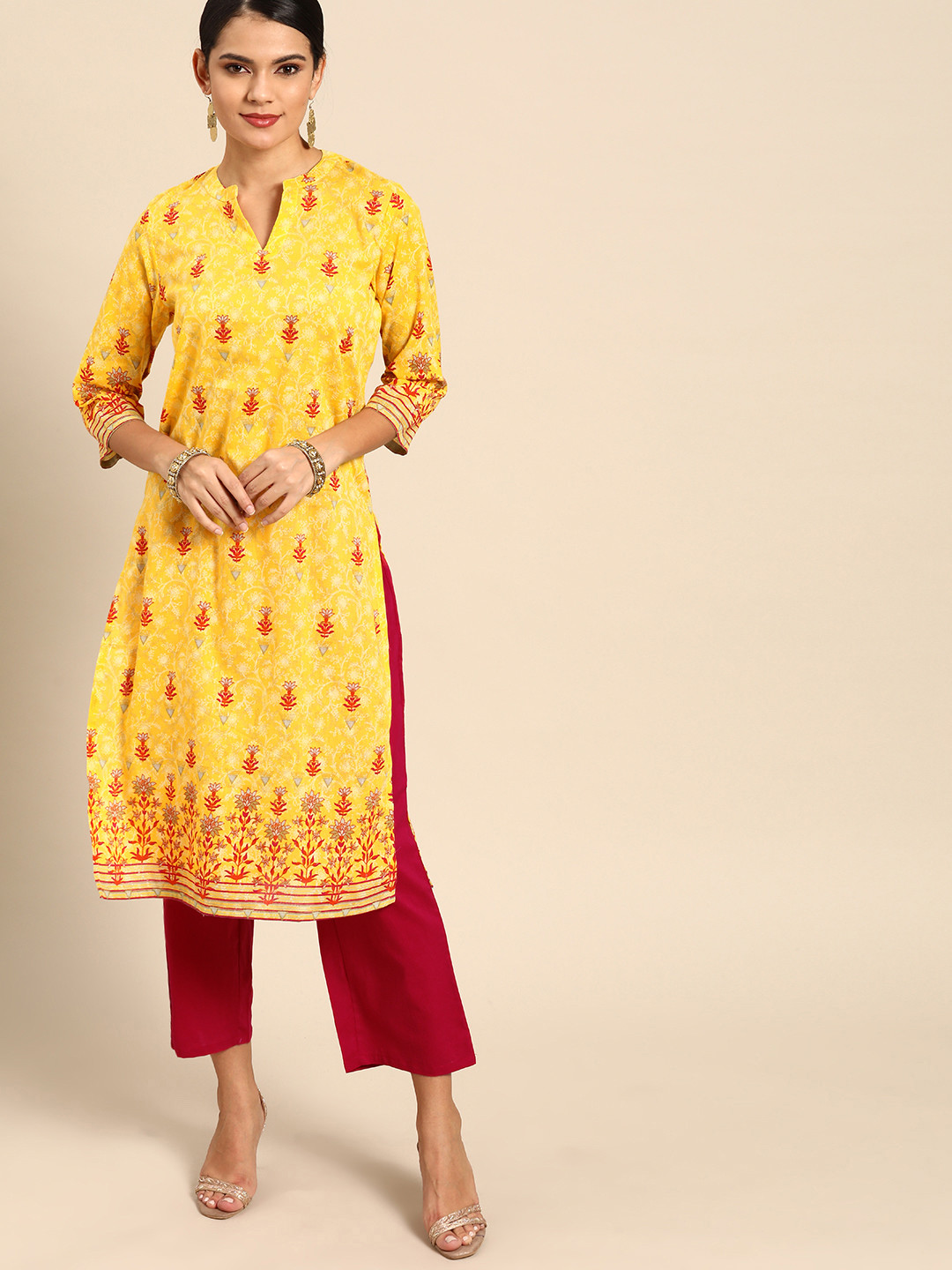 

Anouk Women Yellow & Maroon Printed Kurta with Trousers