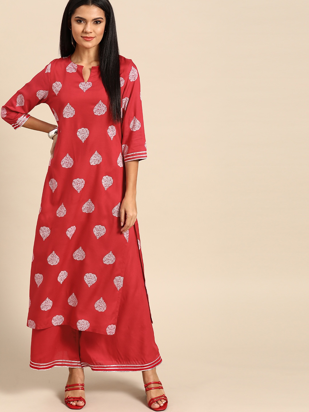 

Anouk Women Red & White Printed Kurta with Palazzos