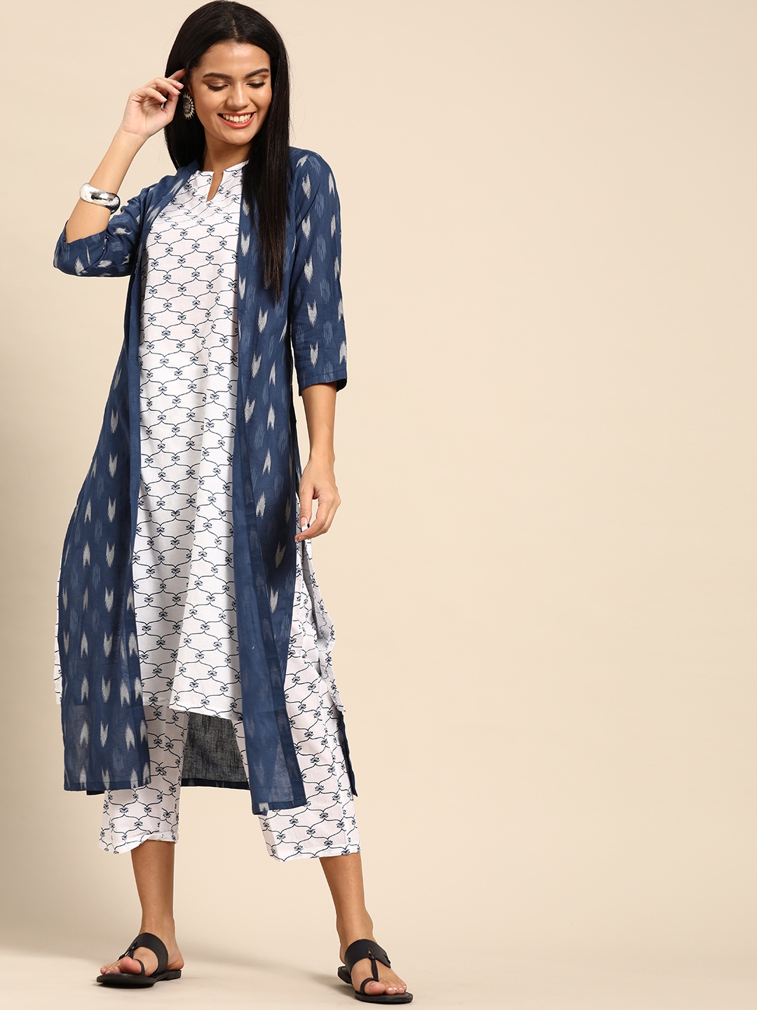 

Anouk Women Navy Blue & White Printed Pure Cotton Layered Kurta with Trousers