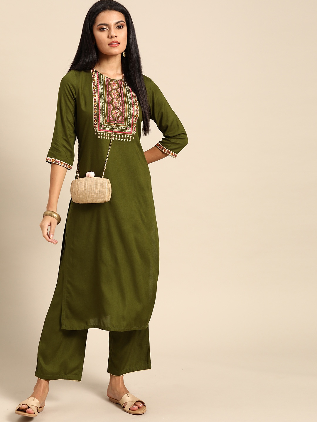 

Anouk Women Olive Green Yoke Design Kurta with Trousers
