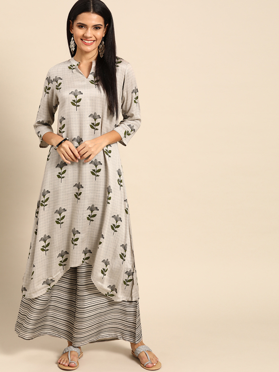 

Anouk Women Grey & Green Printed Kurta with Palazzos
