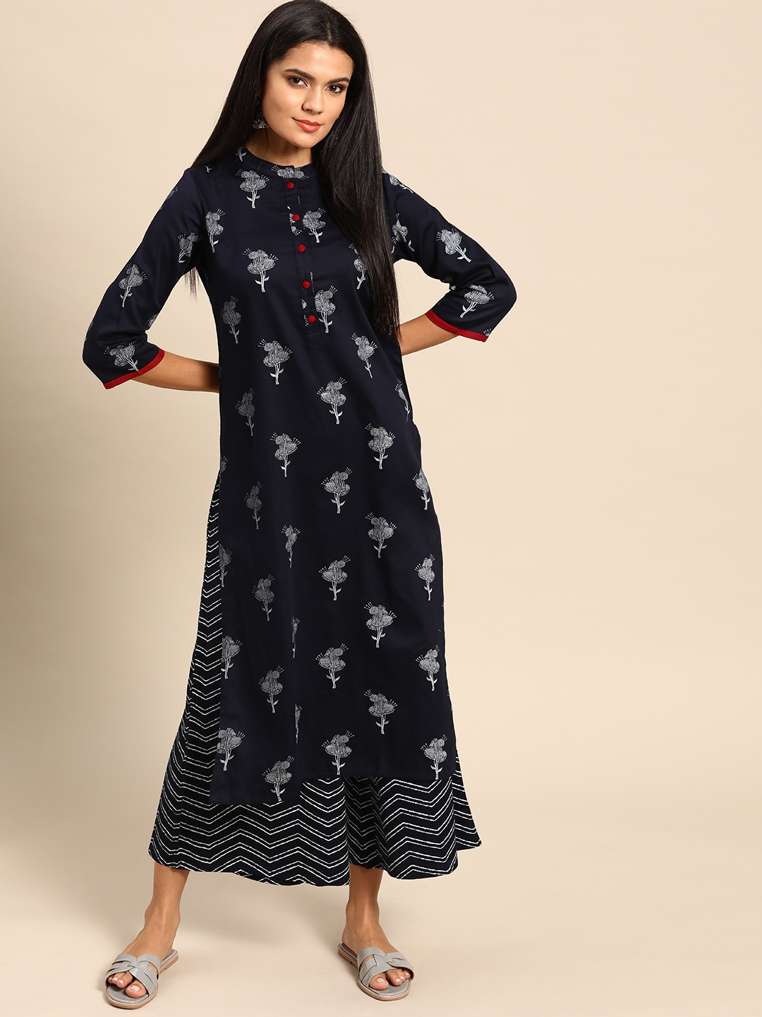 

Anouk Women Navy Blue & White Ethnic Print Kurta with Palazzos