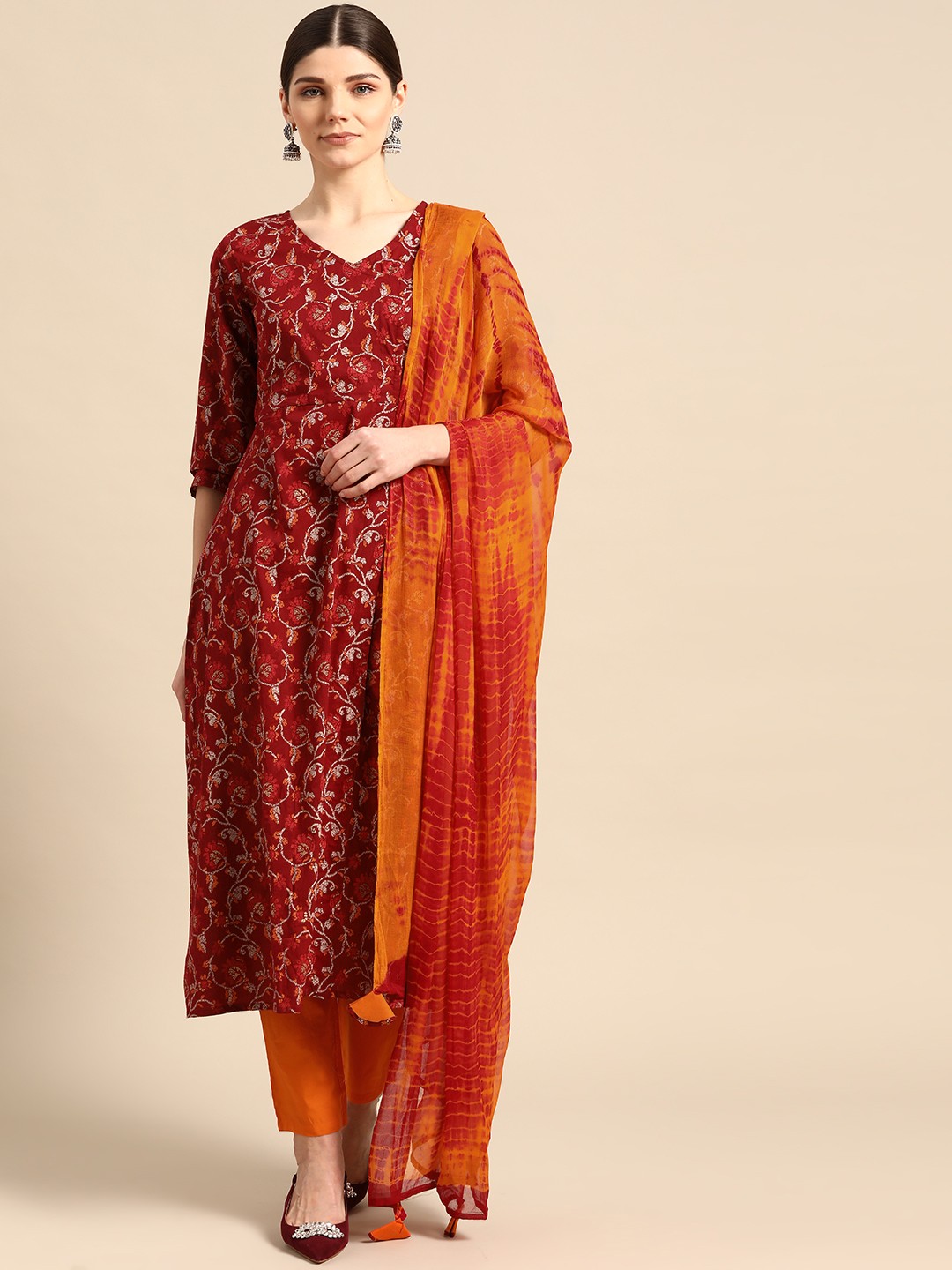 

Rajnandini Women Maroon Ethnic Motifs Printed Regular Pure Cotton Kurta with Trousers & With Dupatta