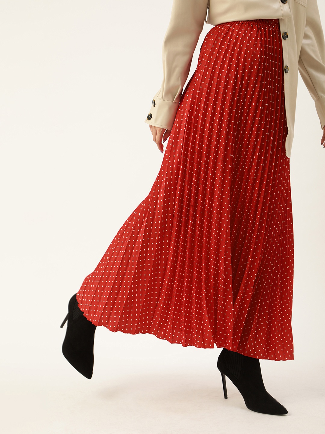

U&F Red & White Printed Accordion Pleat Maxi Flared Skirt