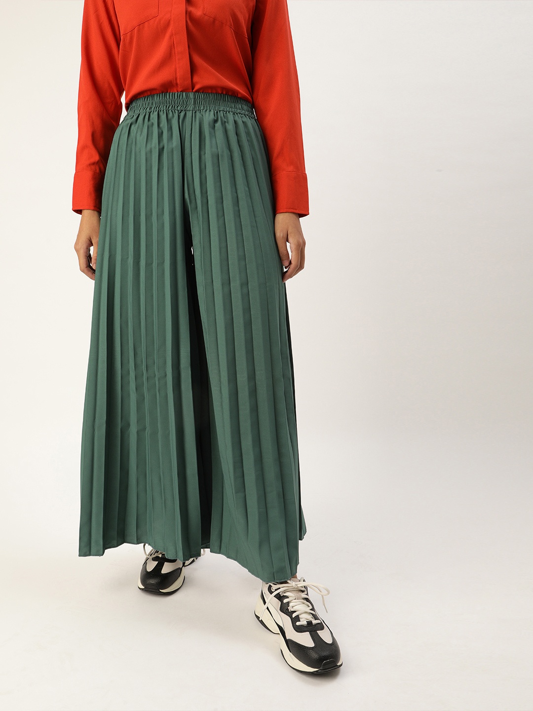 

U&F Women Green Self Design Flared Palazzos