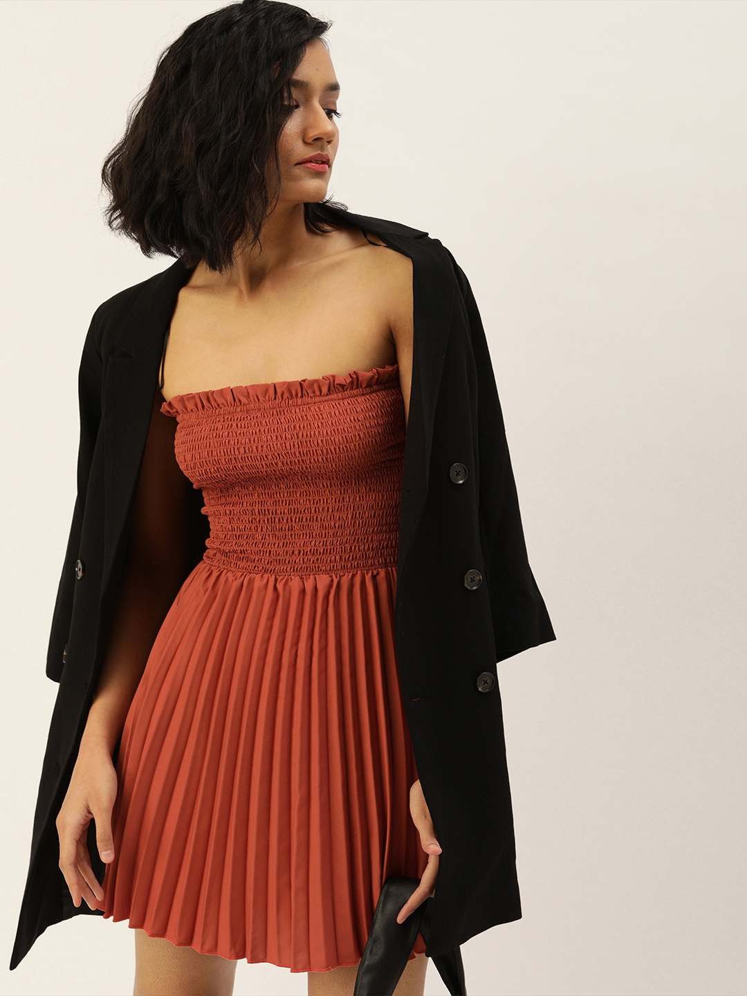 

U&F Women Brown Self Design Fit and Flare Dress