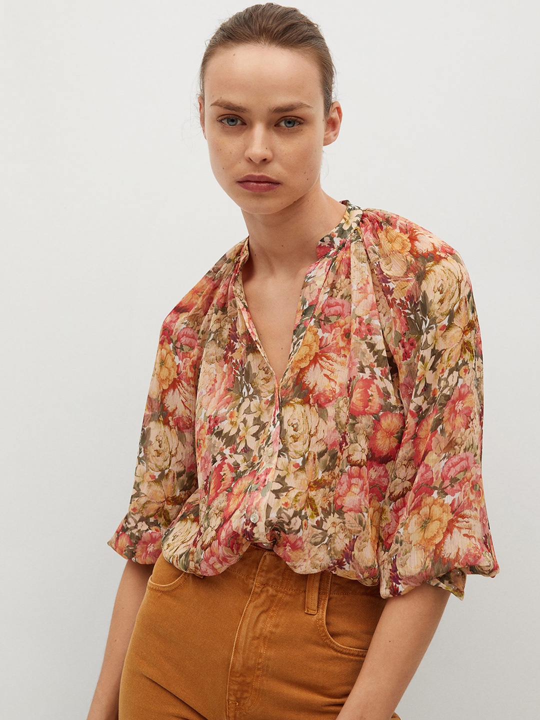 

MANGO Beige & Pink Floral Printed Mandarin Collar Puff Sleeves Shirt Style Sustainable Top