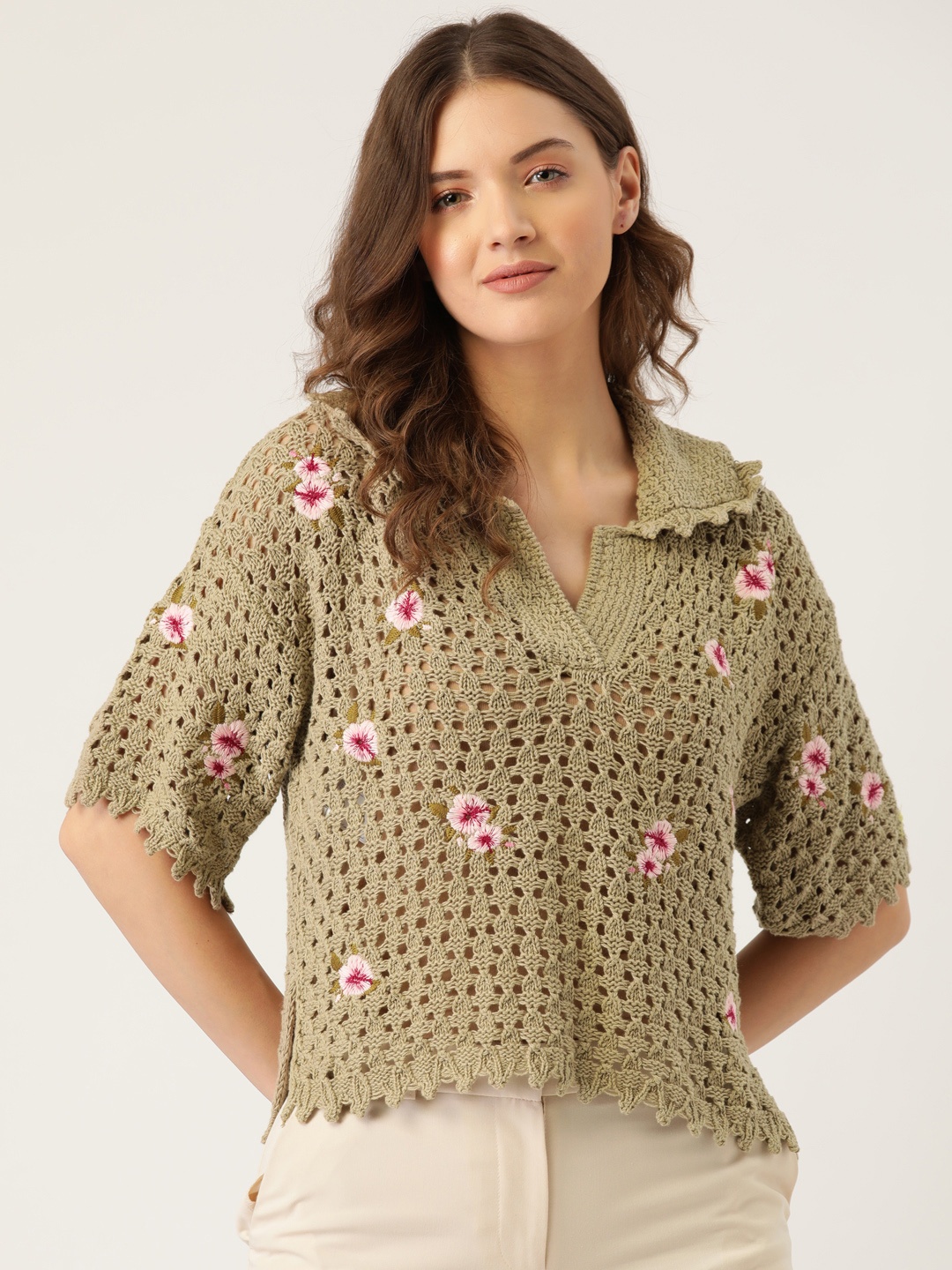 

MANGO Khaki & Pink Crochet Pure Cotton Boxy Sustainable Top