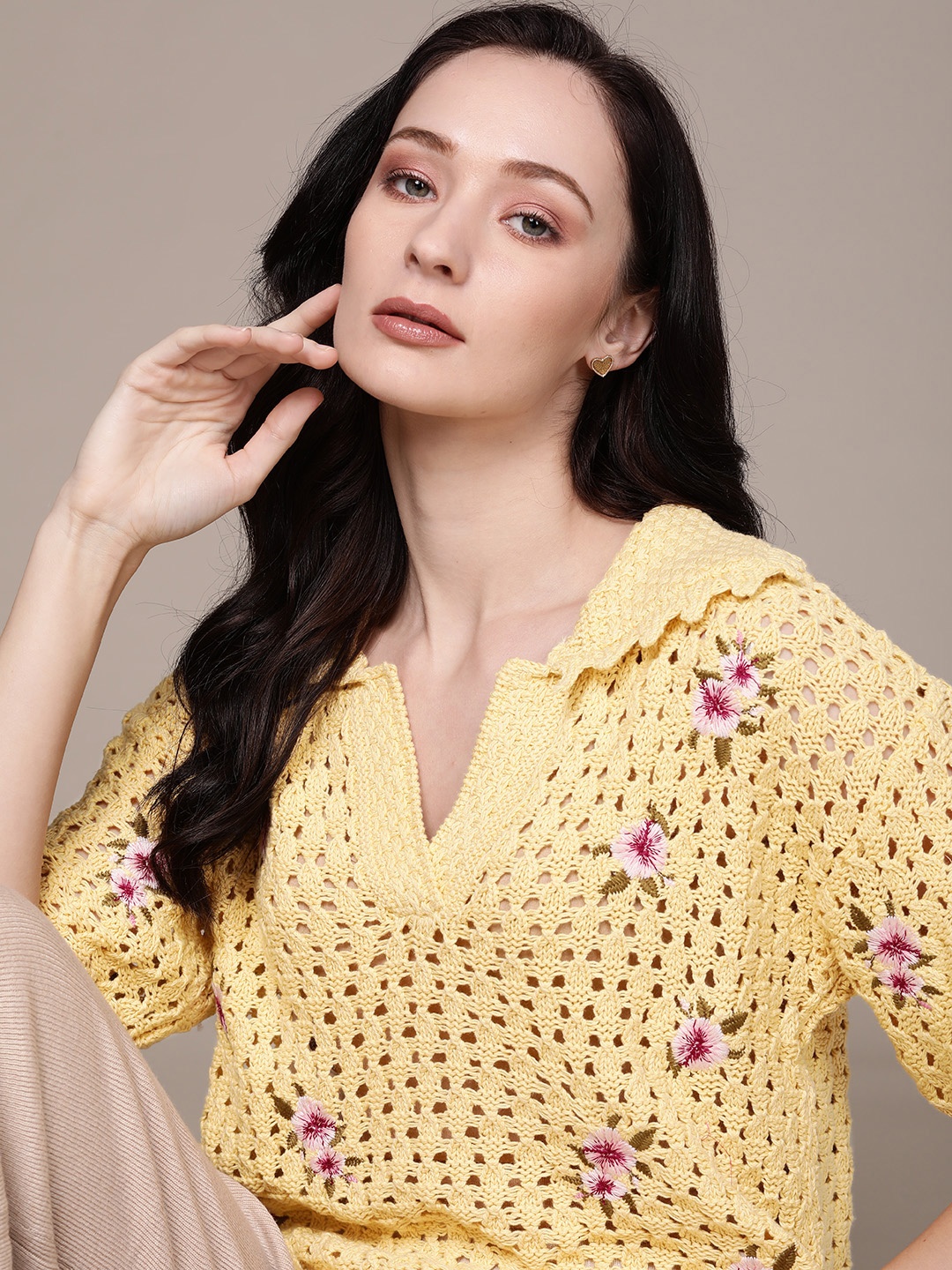 

MANGO Yellow Floral Embroidered Semi Sheer Regular Crochet Top