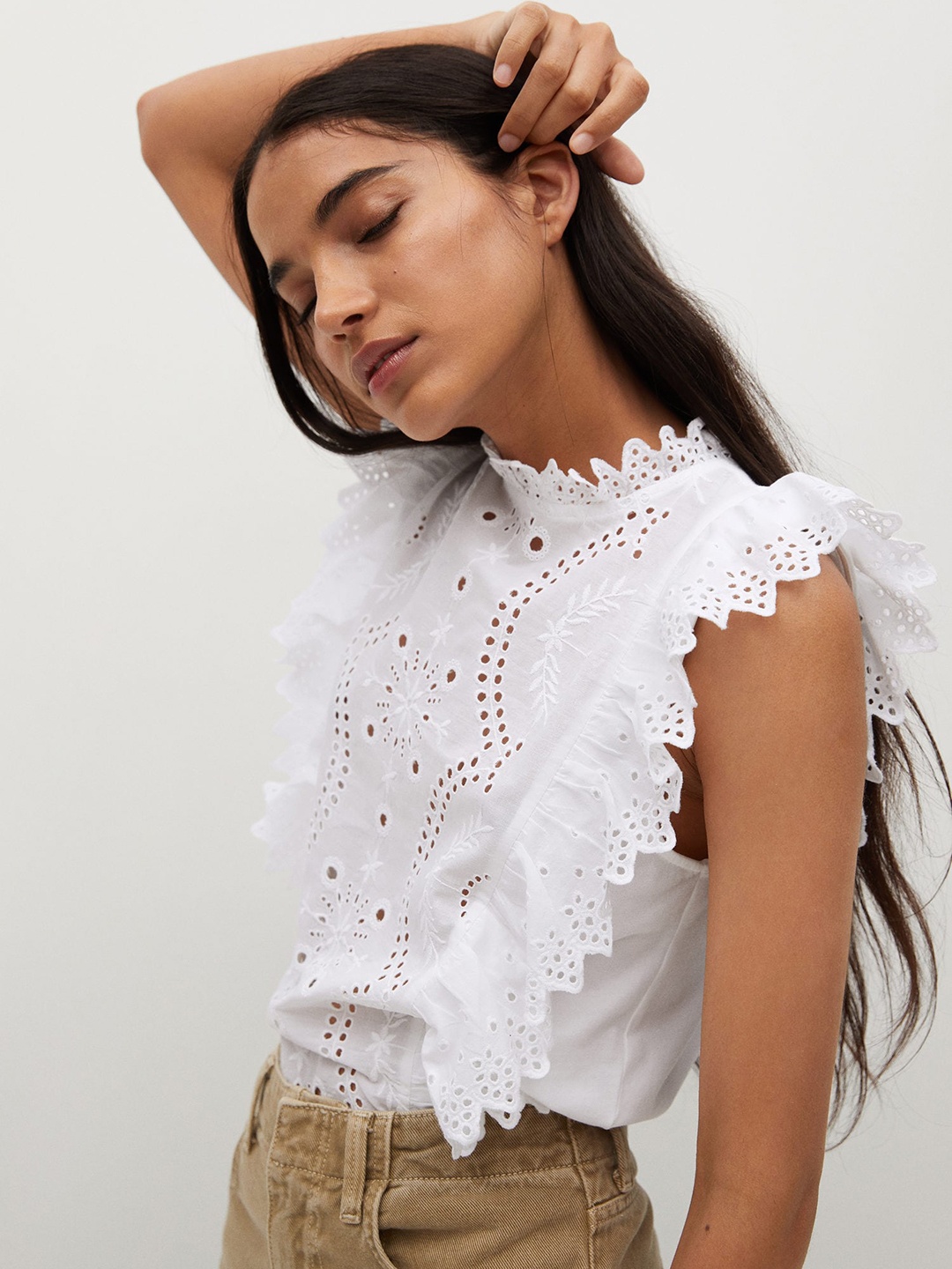 

MANGO White Pure Cotton Schiffli Regular Top