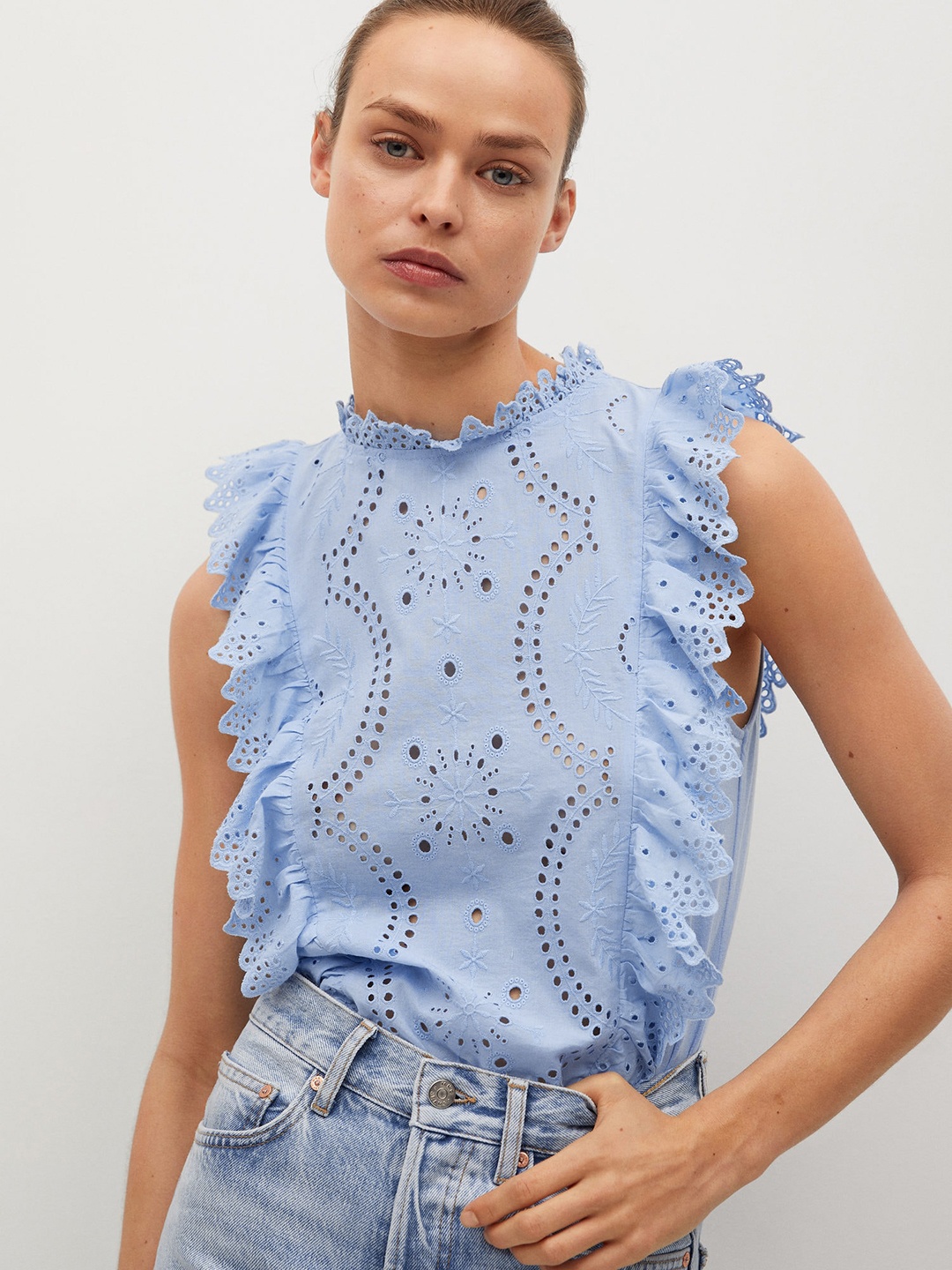 

Mango Blue Self Design Schiffli Pure Cotton Regular Top