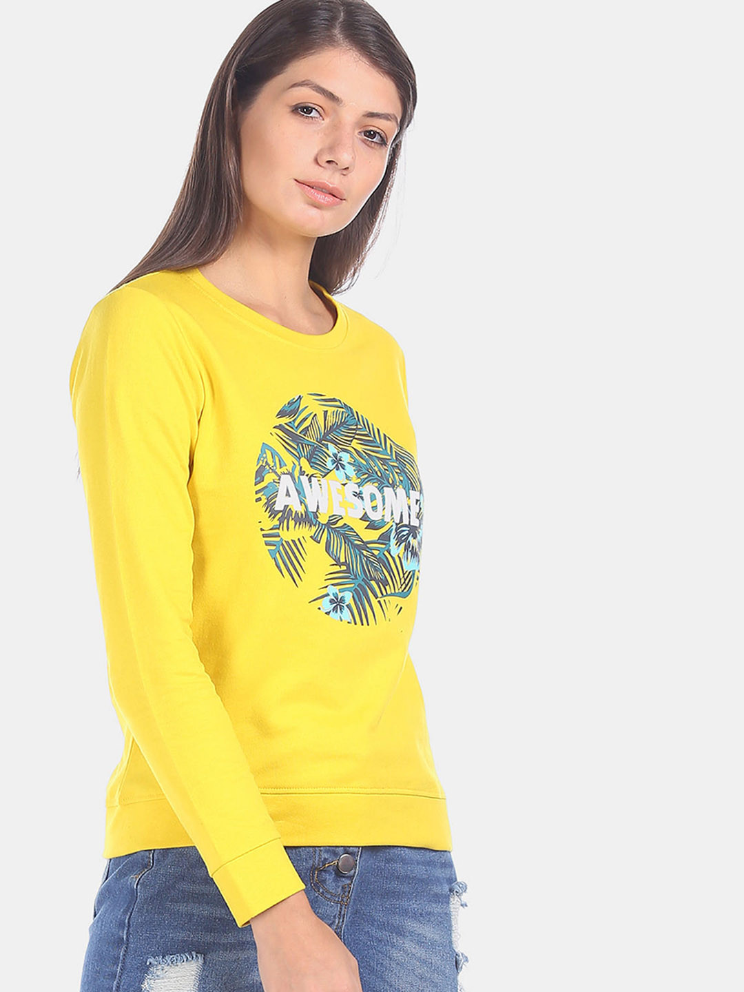 

Sugr Women Yellow Printed Cotton Sweatshirt