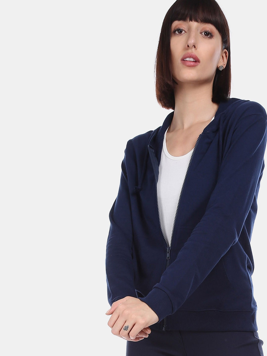 

Sugr Women Navy Blue Solid Hooded Sweatshirt