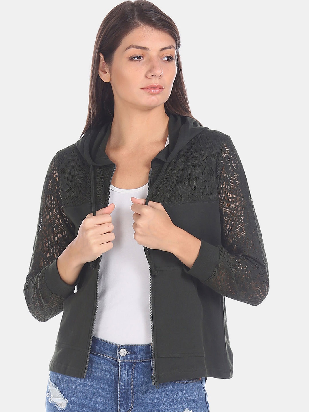 

Sugr Women Black Solid Hooded Lace Cotton Sweatshirt