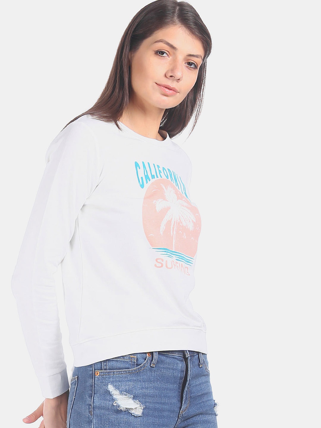 

Sugr Women White & Pink Printed Cotton Sweatshirt